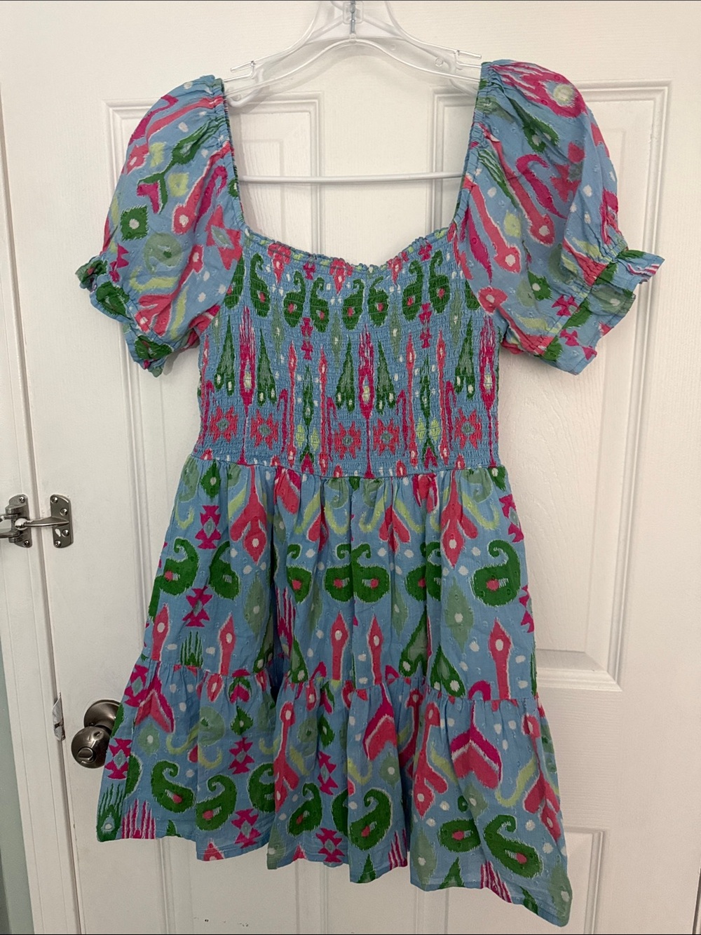 En Creme Blue Floral Smocked Puff Sleeve Mini Dress